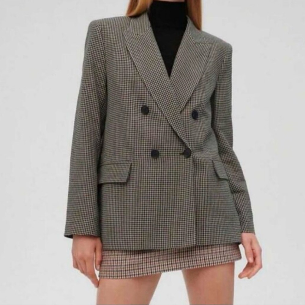 Zara Womens Blazer XS Navy Olive Checked Tweed Double Breasted Classic Preppy